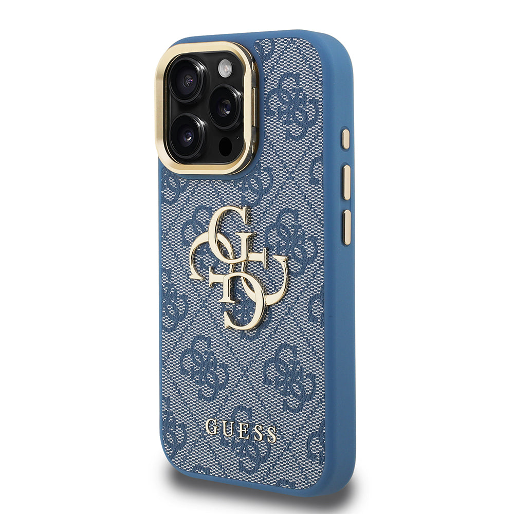 Apple iPhone 15 Pro Max Kılıf Guess Kamera Standlı Kapak 4G Desenli Metal 4G Logolu Mavi