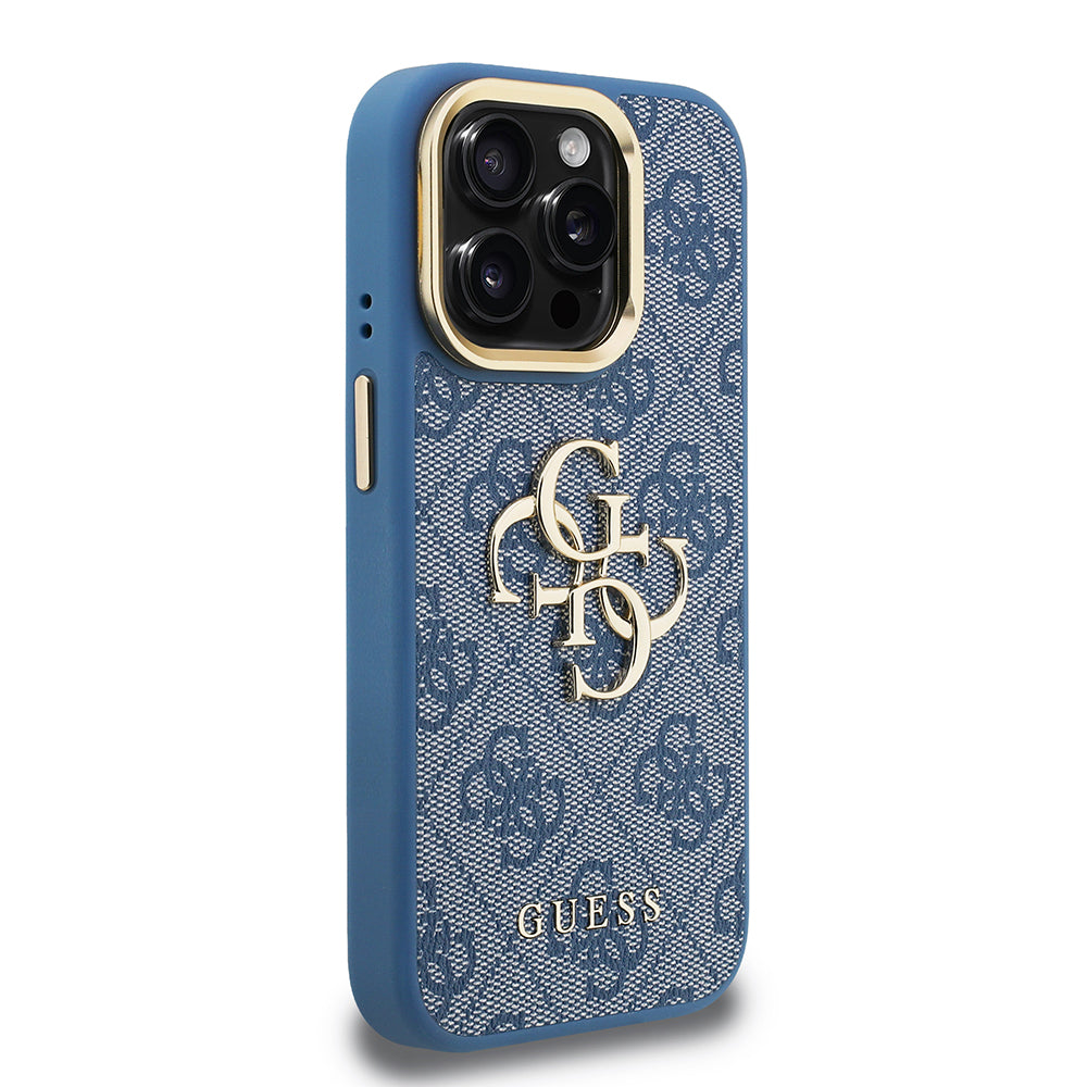 Apple iPhone 15 Pro Max Kılıf Guess Kamera Standlı Kapak 4G Desenli Metal 4G Logolu Mavi