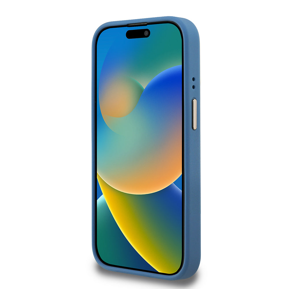 Apple iPhone 15 Pro Max Kılıf Guess Kamera Standlı Kapak 4G Desenli Metal 4G Logolu Mavi