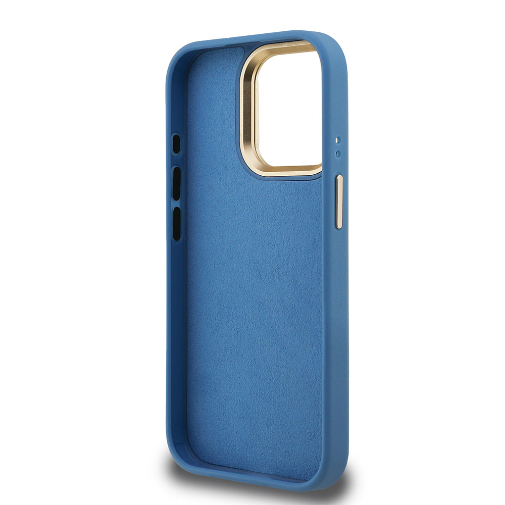 Apple iPhone 15 Pro Max Kılıf Guess Kamera Standlı Kapak 4G Desenli Metal 4G Logolu Mavi