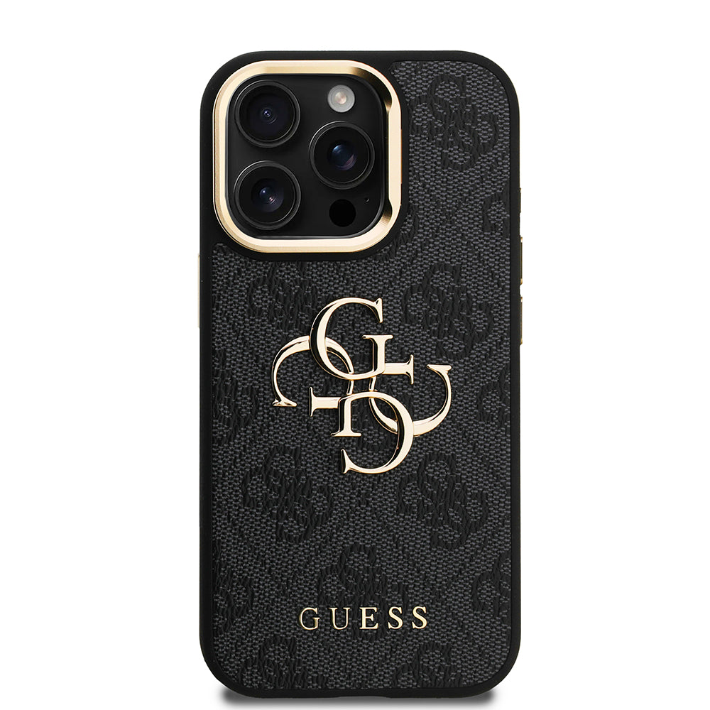 Apple iPhone 15 Pro Max Kılıf Guess Kamera Standlı Kapak 4G Desenli Metal 4G Logolu Siyah