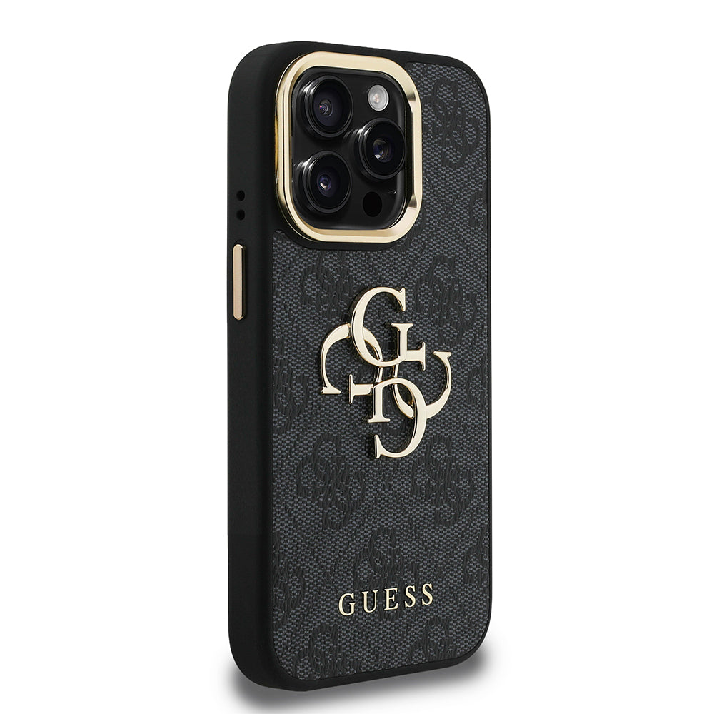 Apple iPhone 15 Pro Max Kılıf Guess Kamera Standlı Kapak 4G Desenli Metal 4G Logolu Siyah