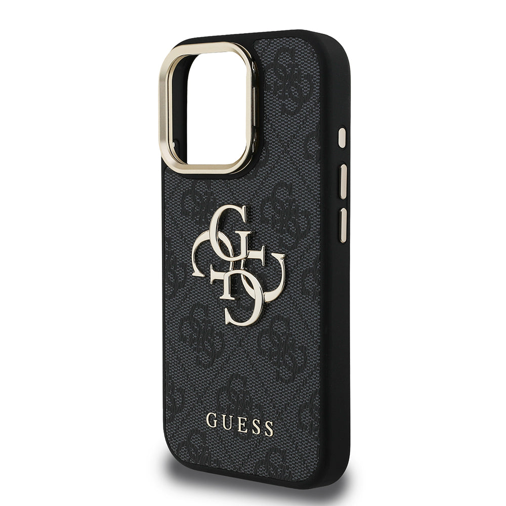 Apple iPhone 15 Pro Max Kılıf Guess Kamera Standlı Kapak 4G Desenli Metal 4G Logolu Siyah