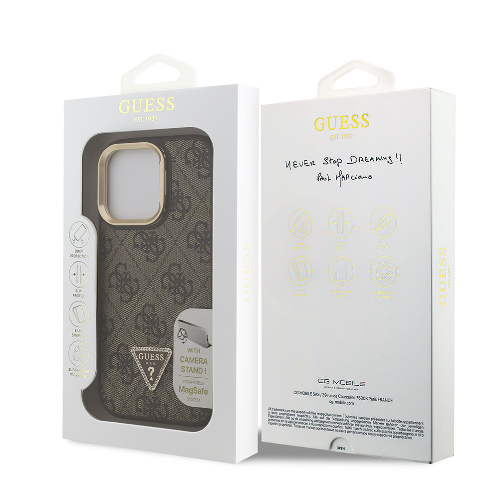 Apple iPhone 15 Pro Max Kılıf Guess Kamera Standlı M-Safe Özellikli Kapak Üçgen Logo 4G Desenli Kahverengi