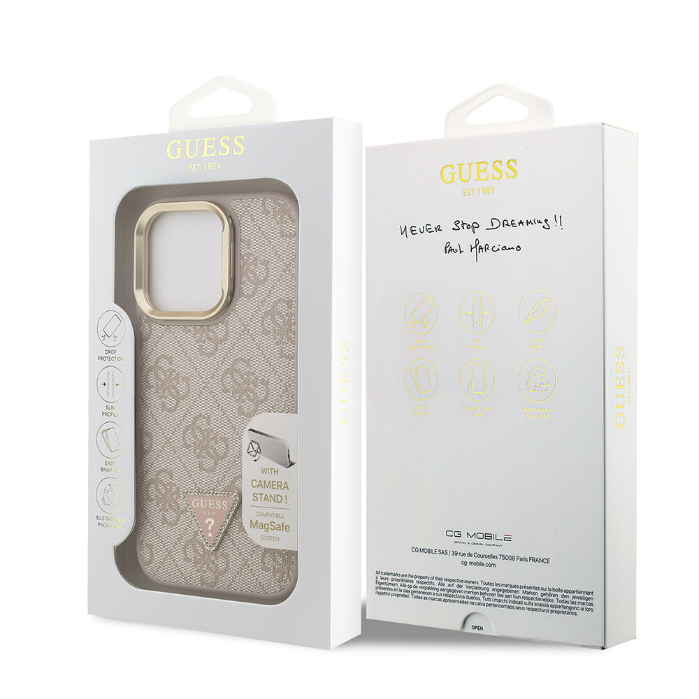 Apple iPhone 15 Pro Max Kılıf Guess Kamera Standlı M-Safe Özellikli Kapak Üçgen Logo 4G Desenli Pembe