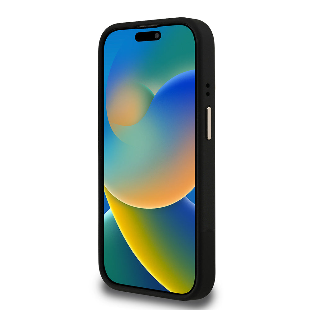 Apple iPhone 15 Pro Max Kılıf Guess Kamera Standlı M-Safe Özellikli Kapak Üçgen Logo 4G Desenli Siyah