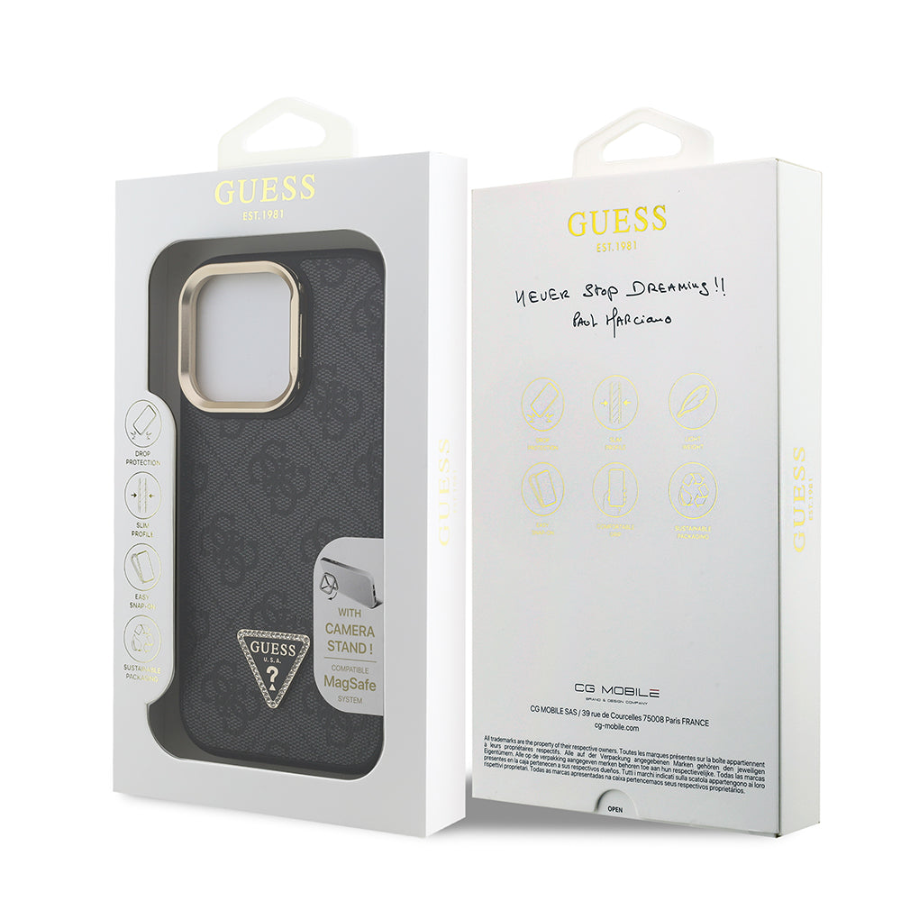 Apple iPhone 15 Pro Max Kılıf Guess Kamera Standlı M-Safe Özellikli Kapak Üçgen Logo 4G Desenli Siyah