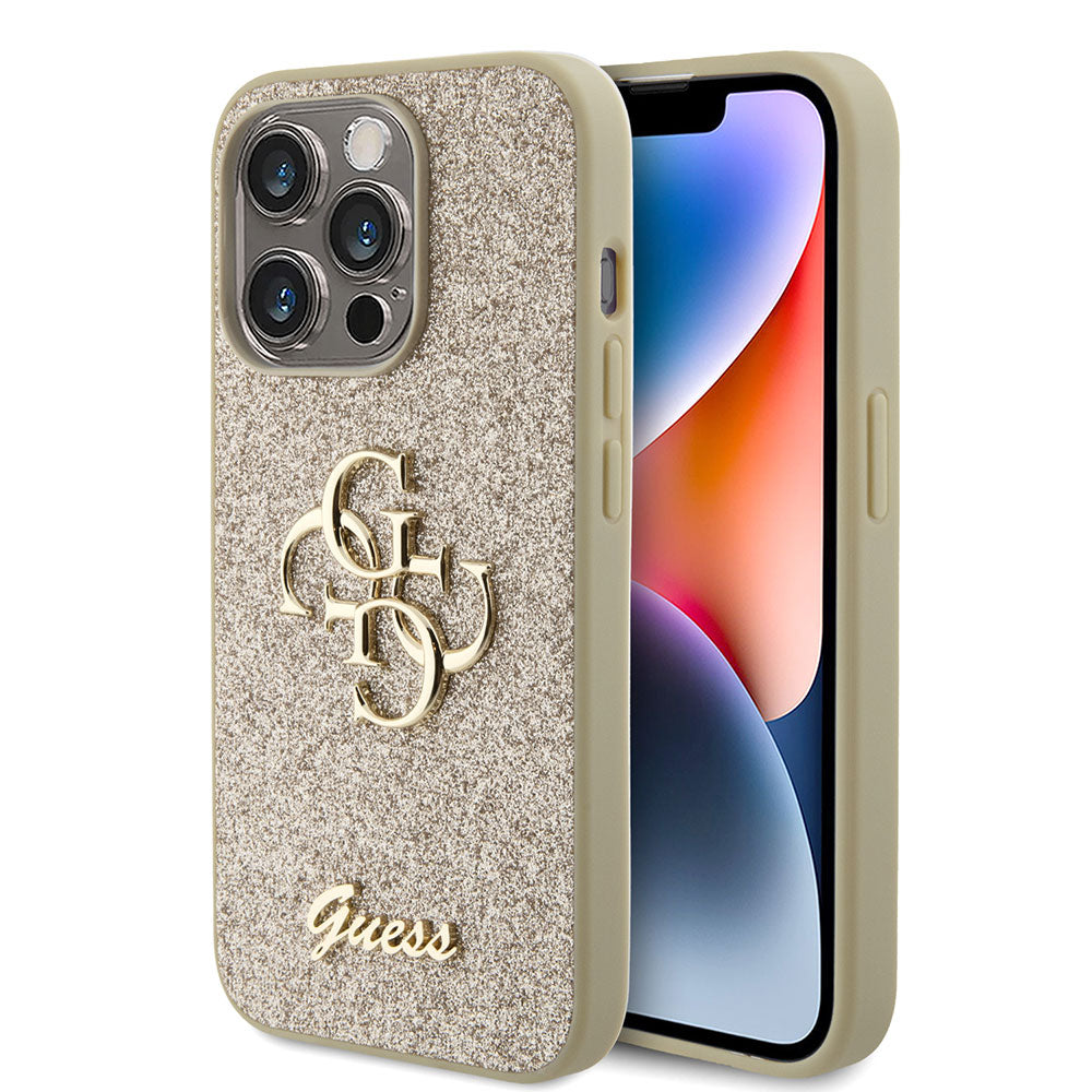 Apple iPhone 15 Pro Max Kılıf Guess 4G Büyük Metal Logolu Glitter Kapak Gold