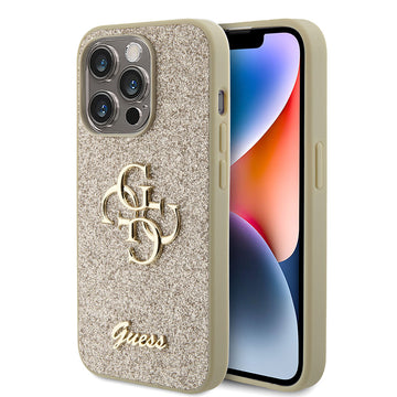 Apple iPhone 15 Pro Max Kılıf Guess 4G Büyük Metal Logolu Glitter Kapak Gold