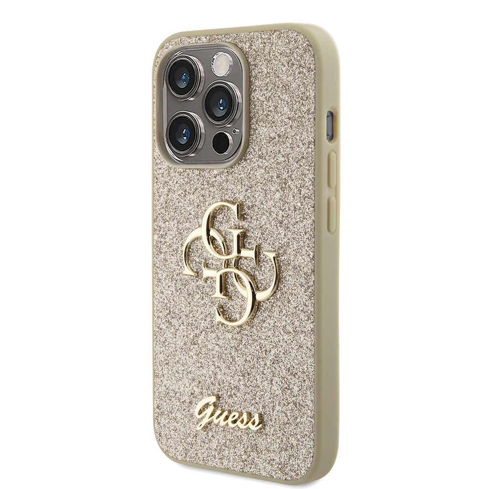 Apple iPhone 15 Pro Max Kılıf Guess 4G Büyük Metal Logolu Glitter Kapak Gold