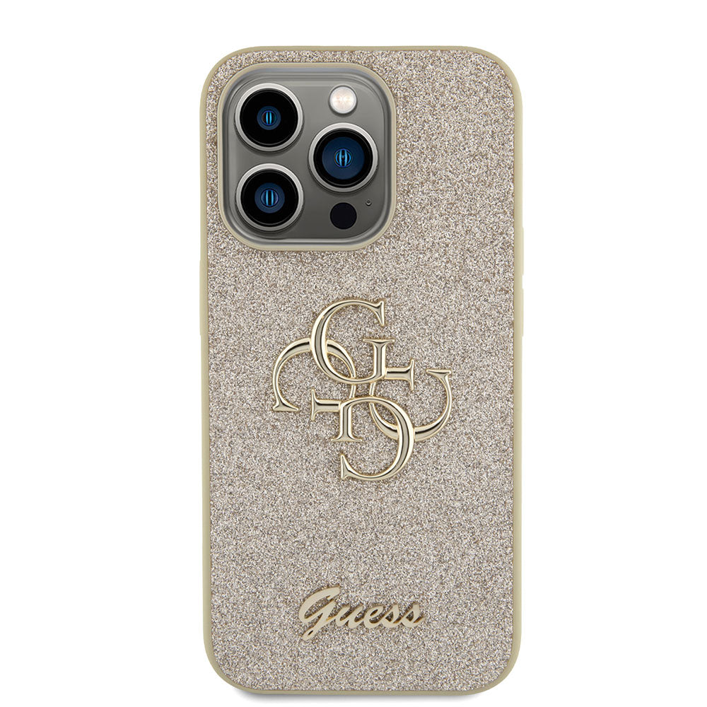 Apple iPhone 15 Pro Max Kılıf Guess 4G Büyük Metal Logolu Glitter Kapak Gold