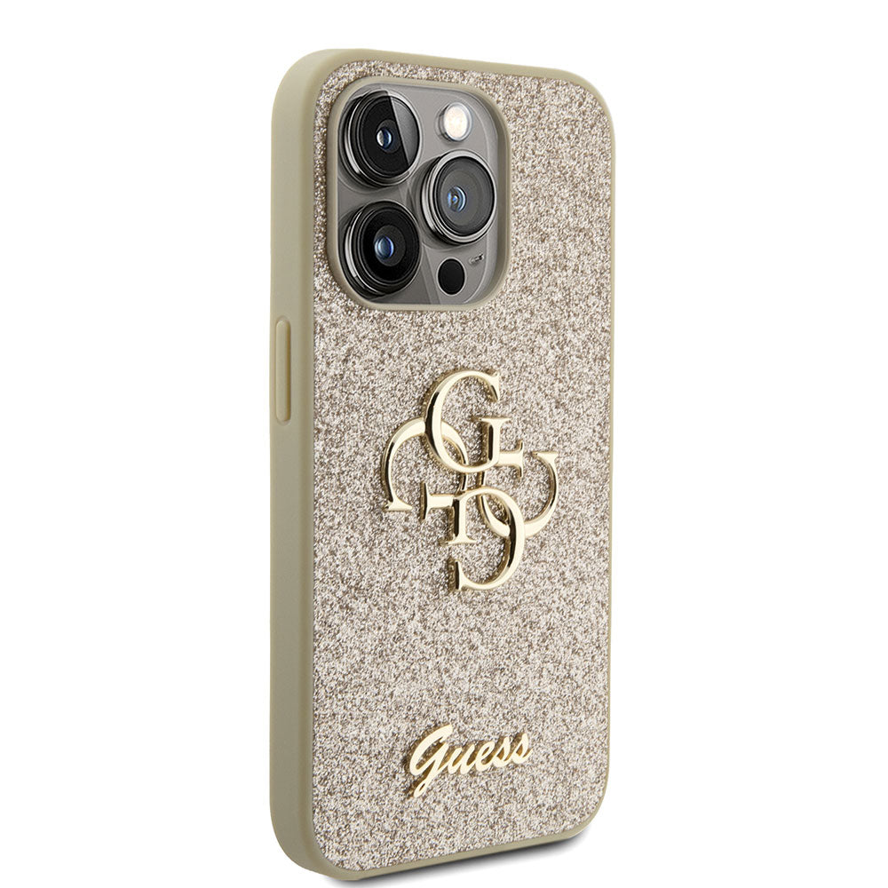 Apple iPhone 15 Pro Max Kılıf Guess 4G Büyük Metal Logolu Glitter Kapak Gold