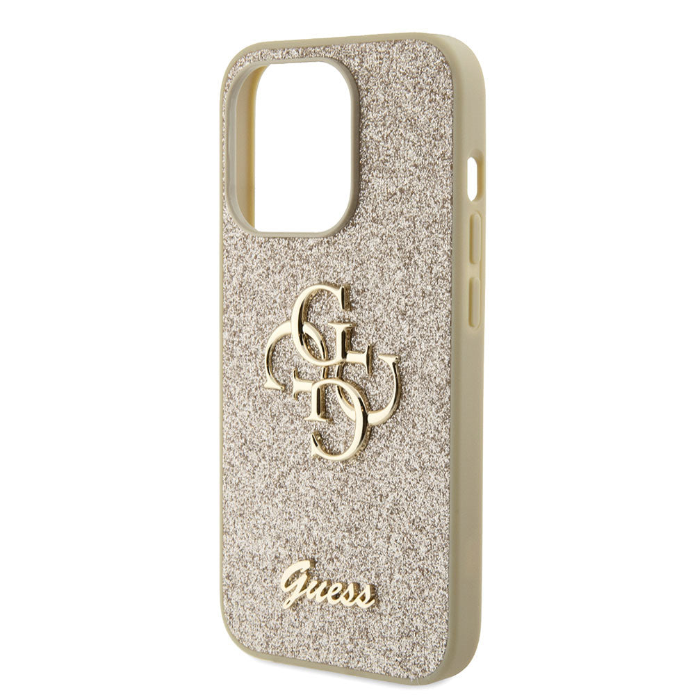 Apple iPhone 15 Pro Max Kılıf Guess 4G Büyük Metal Logolu Glitter Kapak Gold