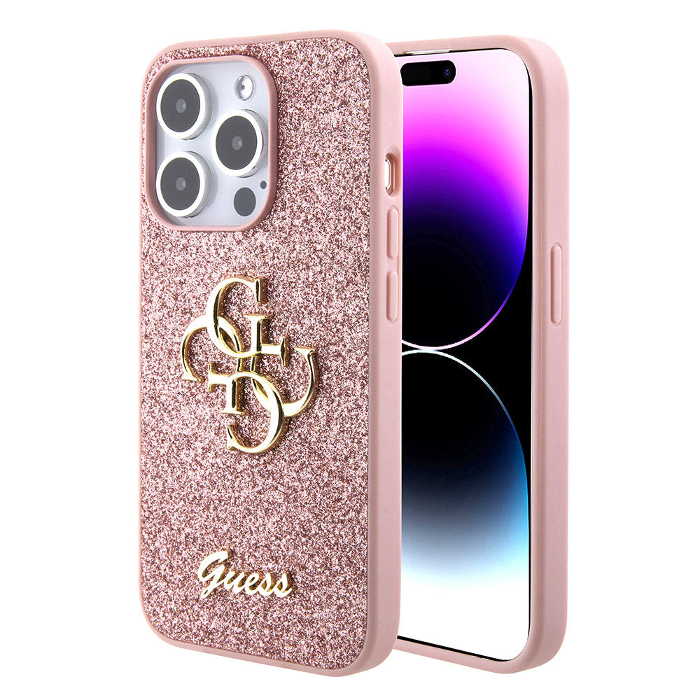 Apple iPhone 15 Pro Kılıf Guess 4G Büyük Metal Logolu Glitter Kapak Pembe