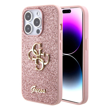 Apple iPhone 15 Pro Kılıf Guess 4G Büyük Metal Logolu Glitter Kapak Pembe