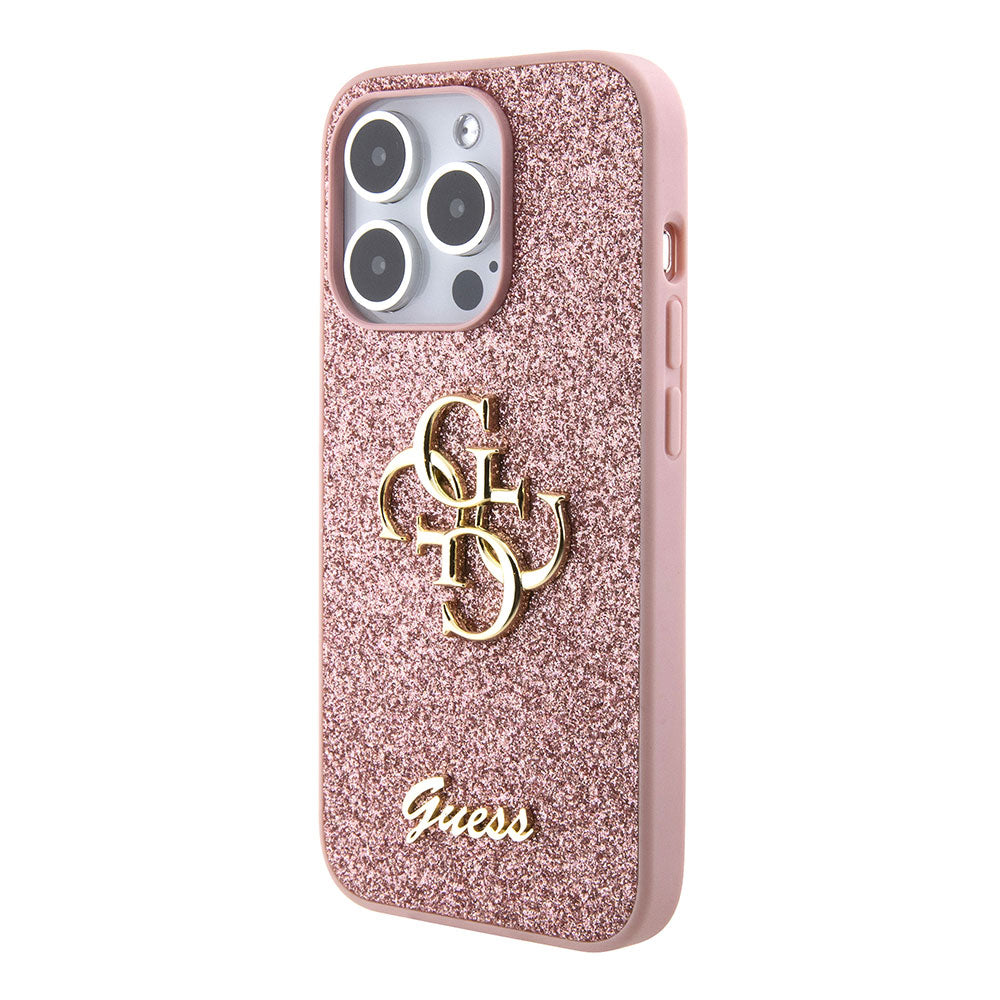Apple iPhone 15 Pro Max Kılıf Guess 4G Büyük Metal Logolu Glitter Kapak Pembe
