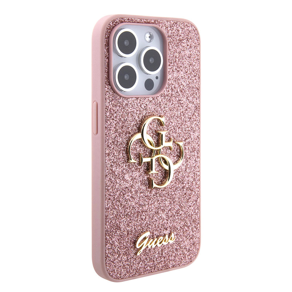 Apple iPhone 15 Pro Kılıf Guess 4G Büyük Metal Logolu Glitter Kapak Pembe