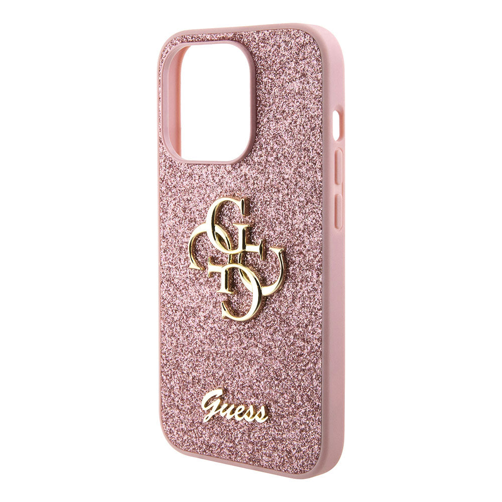 Apple iPhone 15 Pro Kılıf Guess 4G Büyük Metal Logolu Glitter Kapak Pembe