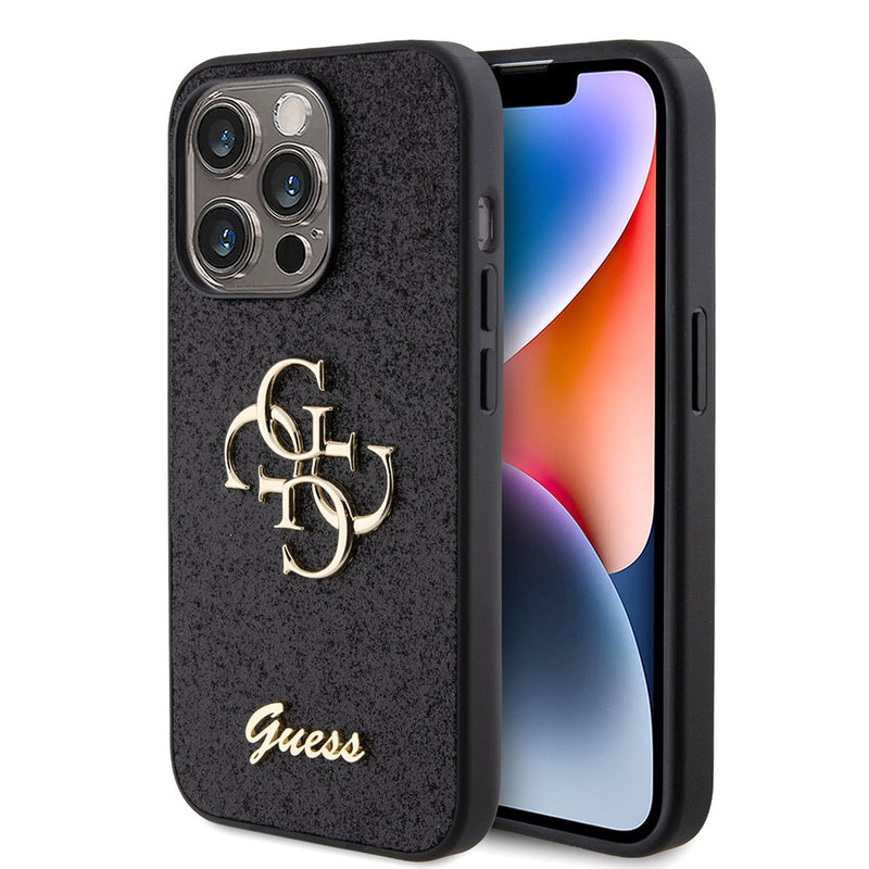 Apple iPhone 15 Pro Kılıf Guess 4G Büyük Metal Logolu Glitter Kapak Siyah