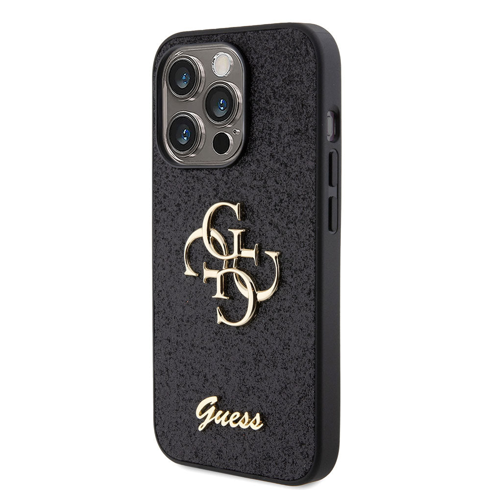 Apple iPhone 15 Pro Kılıf Guess 4G Büyük Metal Logolu Glitter Kapak Siyah
