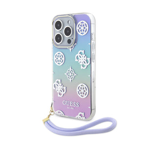 Apple iPhone 15 Pro Kılıf Guess Askı İpli Holografik Glitter Peony Kapak Mor