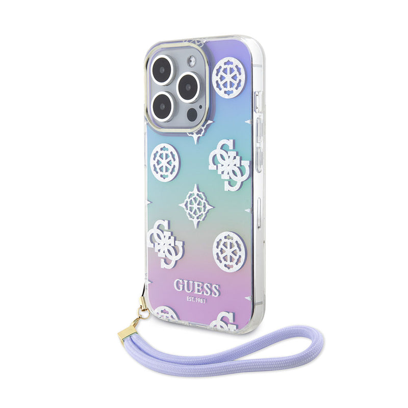 Apple iPhone 15 Pro Kılıf Guess Askı İpli Holografik Glitter Peony Kapak Mor