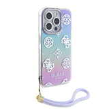 Apple iPhone 15 Pro Kılıf Guess Askı İpli Holografik Glitter Peony Kapak Mor