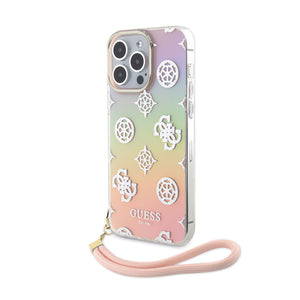 Apple iPhone 15 Pro Kılıf Guess Askı İpli Holografik Glitter Peony Kapak Pembe