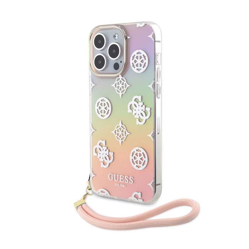 Apple iPhone 15 Pro Kılıf Guess Askı İpli Holografik Glitter Peony Kapak Pembe