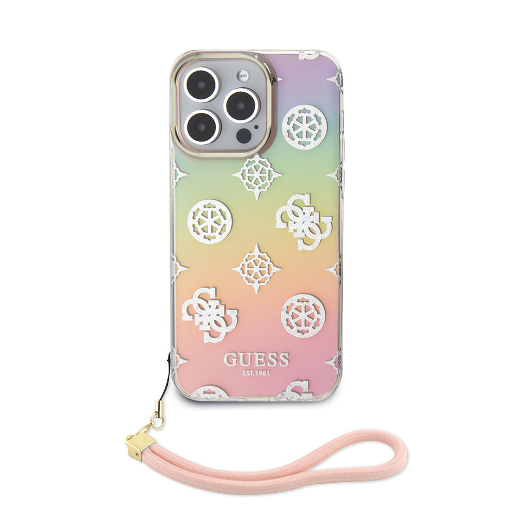 Apple iPhone 15 Pro Kılıf Guess Askı İpli Holografik Glitter Peony Kapak Pembe