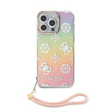 Apple iPhone 15 Pro Kılıf Guess Askı İpli Holografik Glitter Peony Kapak Pembe