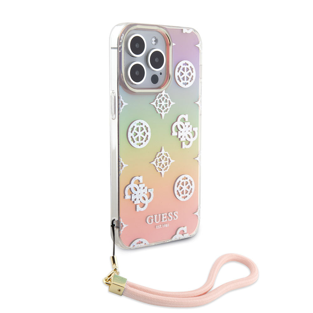 Apple iPhone 15 Pro Kılıf Guess Askı İpli Holografik Glitter Peony Kapak Pembe