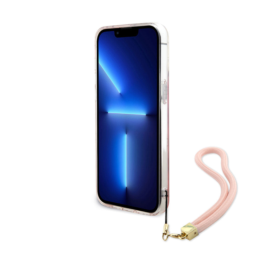Apple iPhone 15 Pro Kılıf Guess Askı İpli Holografik Glitter Peony Kapak Pembe