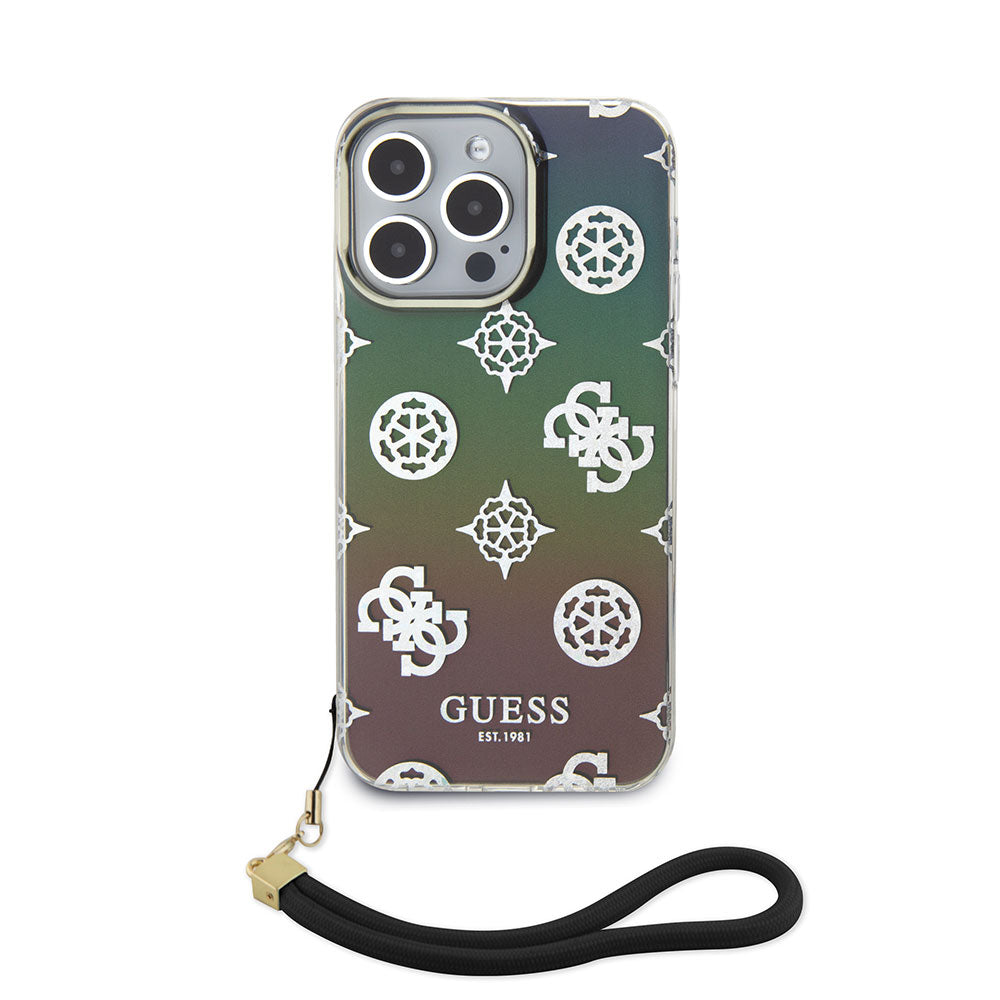 Apple iPhone 15 Pro Max Kılıf Guess Askı İpli Holografik Glitter Peony Kapak Siyah