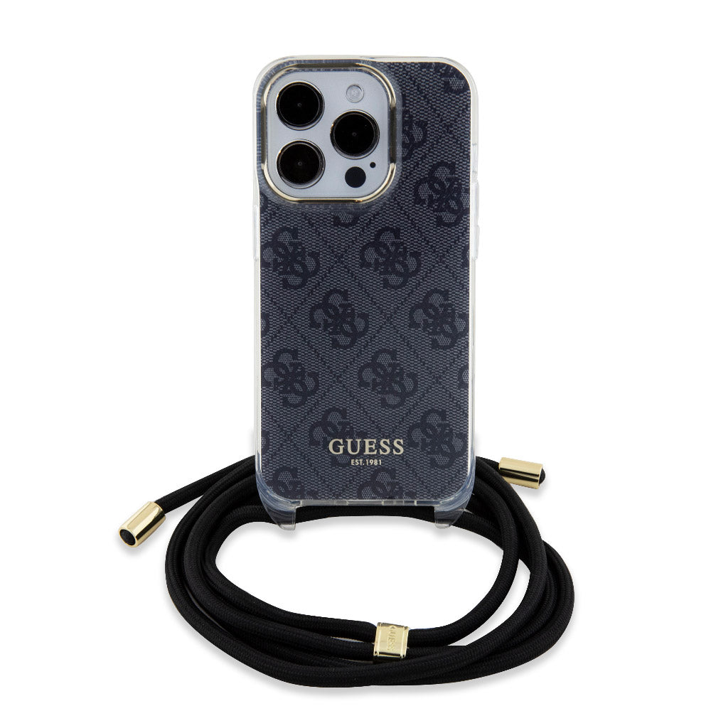 Apple iPhone 15 Pro Max Kılıf Guess Çapraz Vücut Askılı 4G Desenli Kapak Siyah
