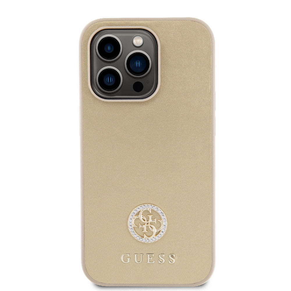 Apple iPhone 15 Pro Max Kılıf Guess Deri 4G Metal Logo Strass Kapak Gold