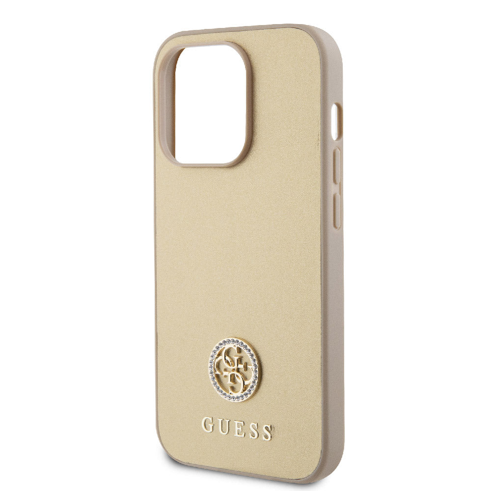 Apple iPhone 15 Pro Max Kılıf Guess Deri 4G Metal Logo Strass Kapak Gold