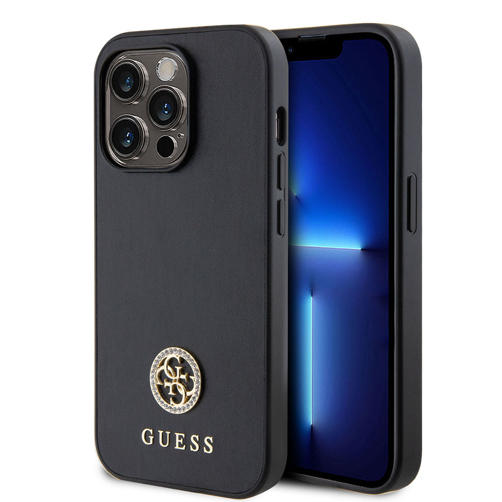 Apple iPhone 15 Pro Max Kılıf Guess Deri 4G Metal Logo Strass Kapak Siyah
