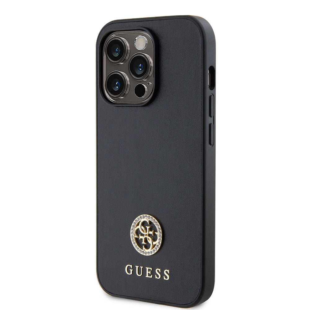 Apple iPhone 15 Pro Kılıf Guess Deri 4G Metal Logo Strass Kapak Siyah