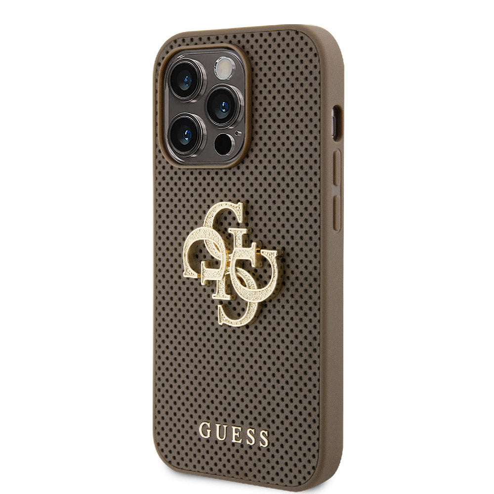 Apple iPhone 15 Pro Max Kılıf Guess Fileli 4G Glitter Büyük Metal Logolu Kapak Kahverengi
