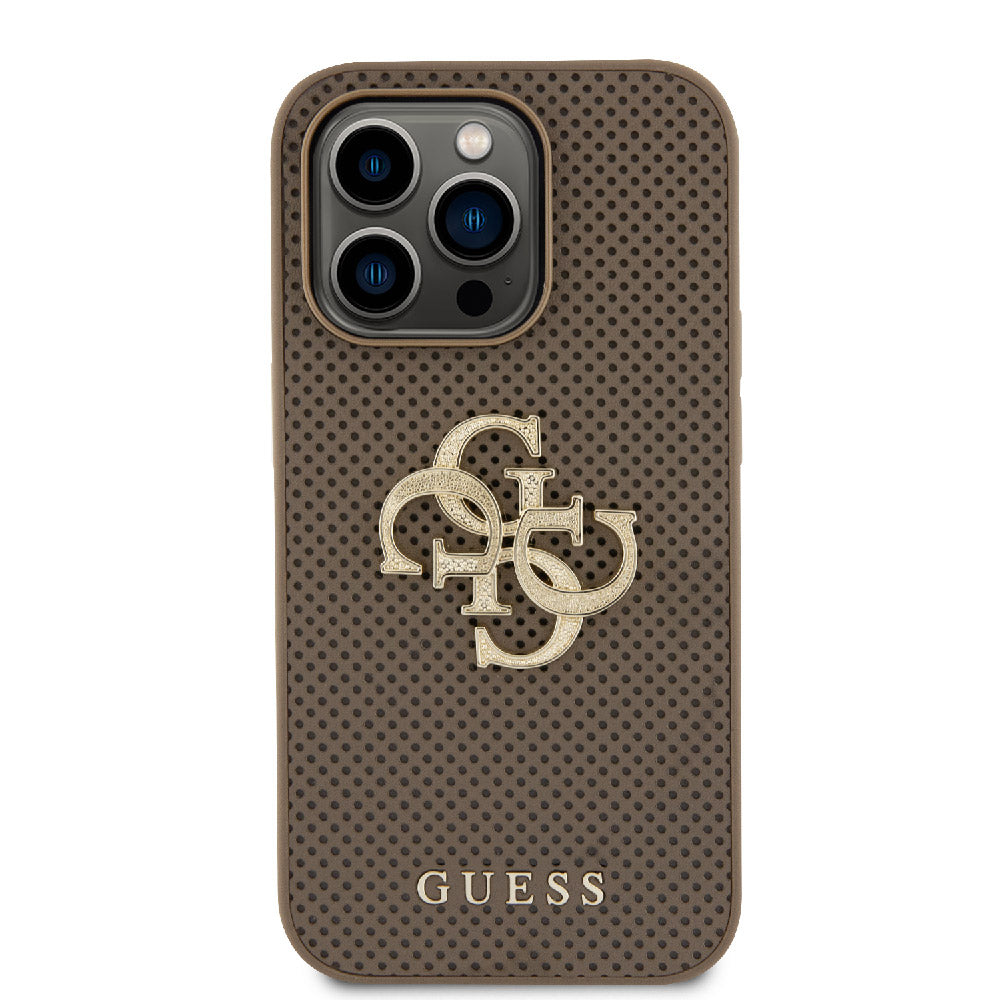 Apple iPhone 15 Pro Max Kılıf Guess Fileli 4G Glitter Büyük Metal Logolu Kapak Kahverengi