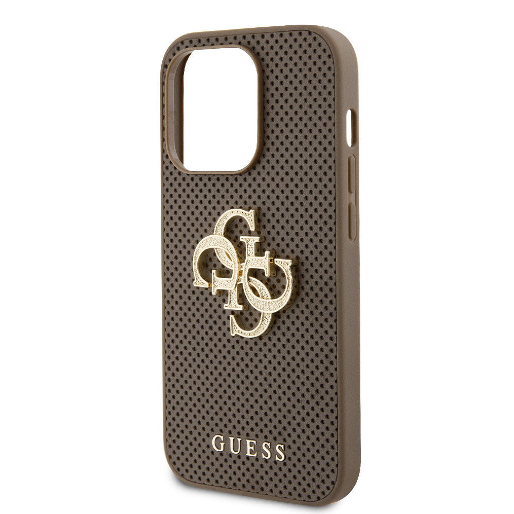 Apple iPhone 15 Pro Max Kılıf Guess Fileli 4G Glitter Büyük Metal Logolu Kapak Kahverengi