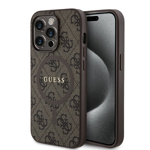 Apple iPhone 15 Pro Kılıf Guess Magsafe Şarj Özellikli 4G Desenli Yazı Logolu Kapak Kahverengi
