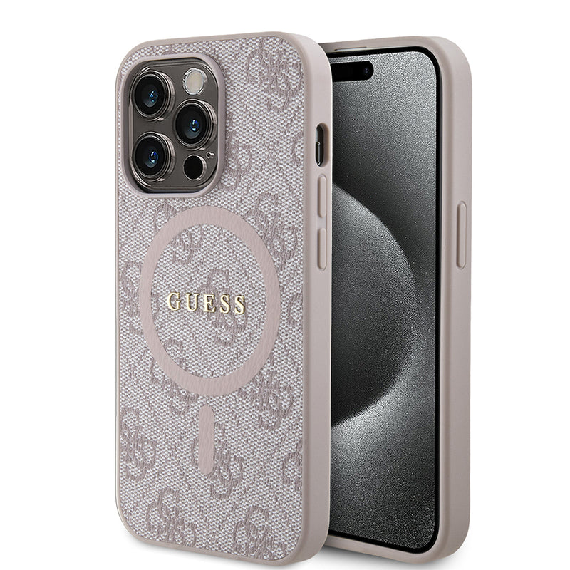 Apple iPhone 14 Pro Max Kılıf Guess Magsafe Şarj Özellikli 4G Desenli Yazı Logolu Kapak Pembe