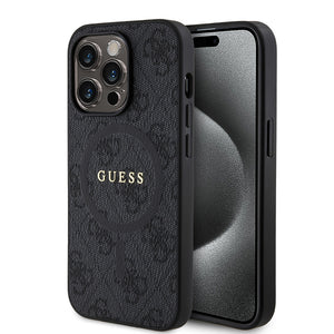 Apple iPhone 15 Pro Kılıf Guess Magsafe Şarj Özellikli 4G Desenli Yazı Logolu Kapak Siyah