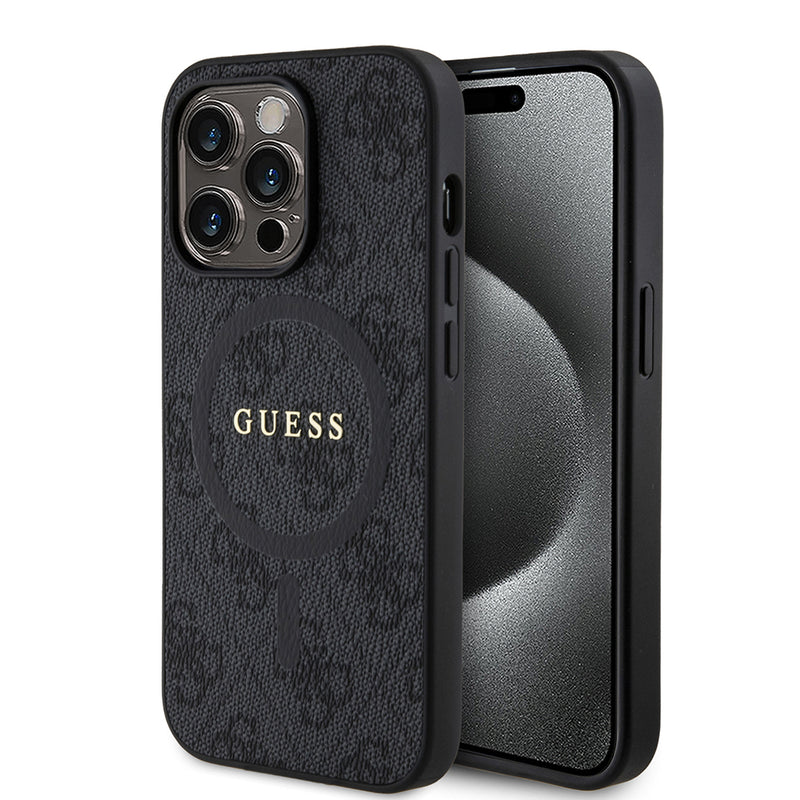 Apple iPhone 15 Pro Max Kılıf Guess Magsafe Şarj Özellikli 4G Desenli Yazı Logolu Kapak Siyah
