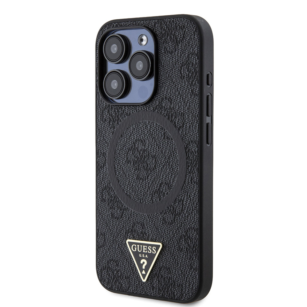 Apple iPhone 15 Pro Max Kılıf Guess Magsafe Şarj Özellikli PU Üçgen Logolu 4G Desenli Kapak Siyah