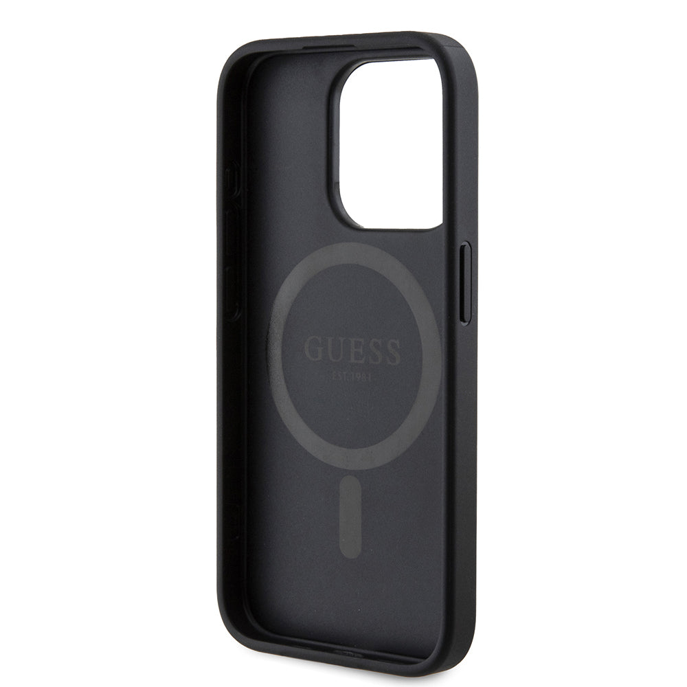 Apple iPhone 15 Pro Max Kılıf Guess Magsafe Şarj Özellikli PU Üçgen Logolu 4G Desenli Kapak Siyah