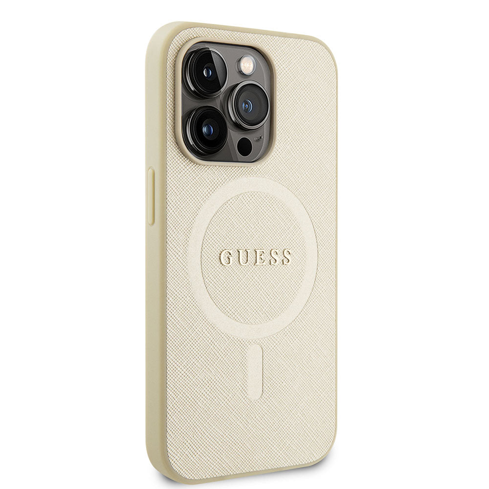 Apple iPhone 15 Pro Max Kılıf Guess Magsafe Şarj Özellikli Saffiano Kapak Bej