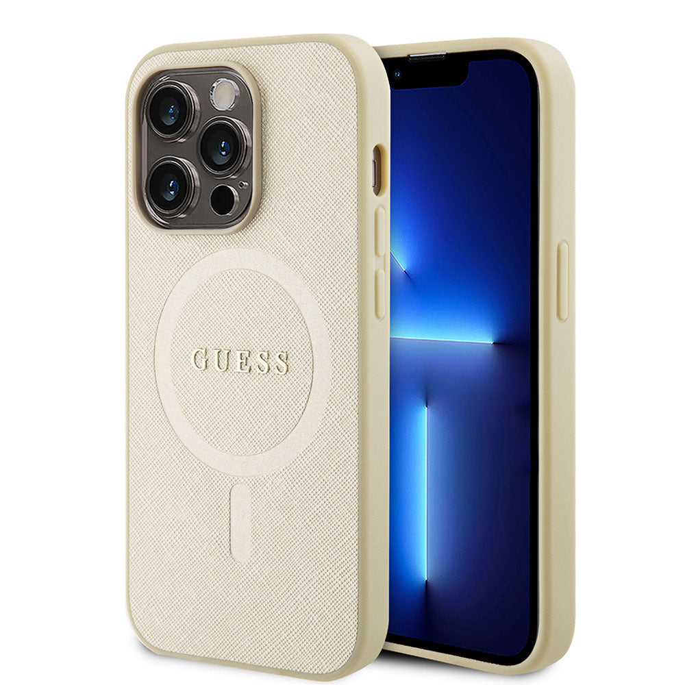 Apple iPhone 15 Pro Max Kılıf Guess Magsafe Şarj Özellikli Saffiano Kapak Bej
